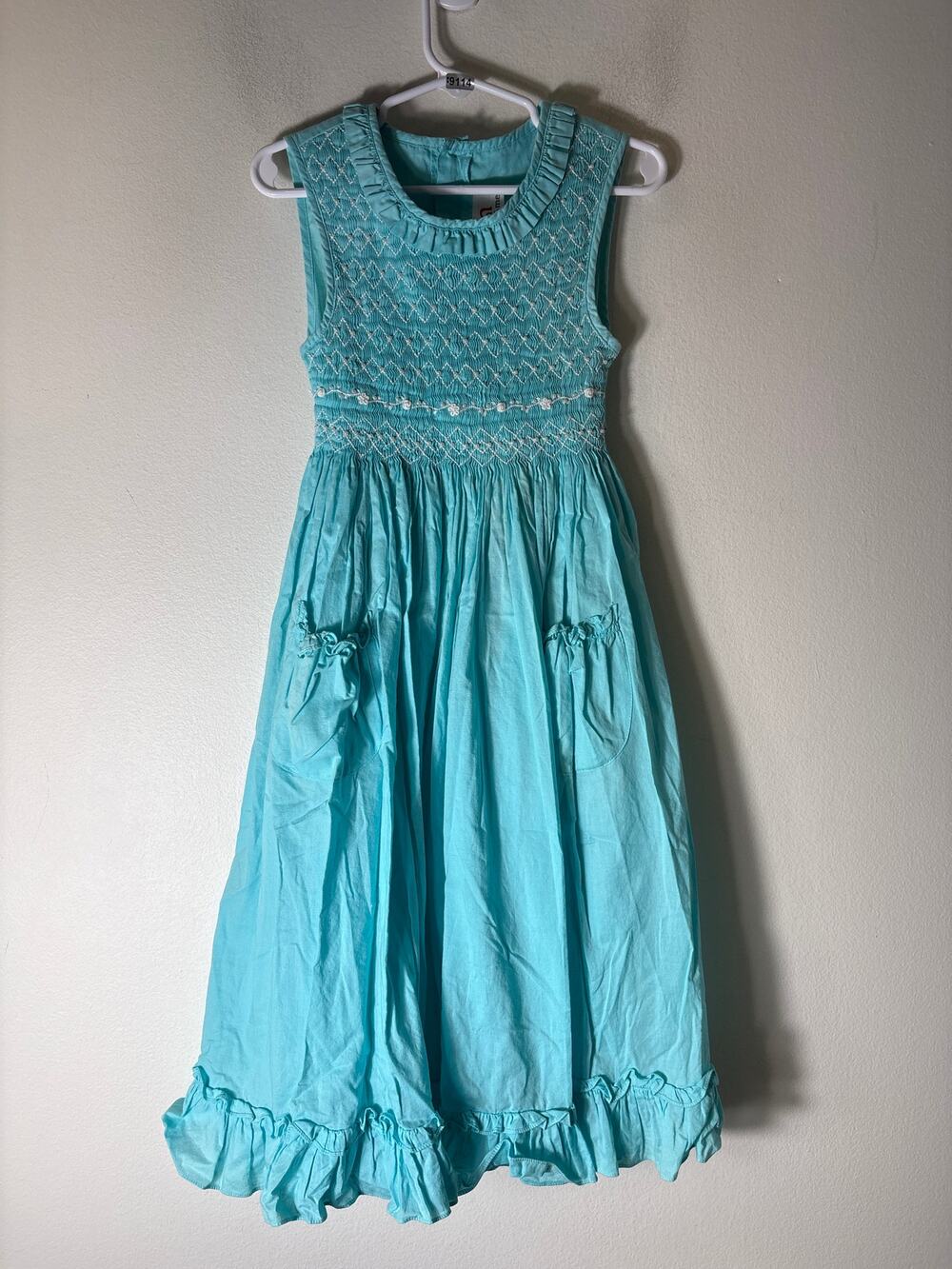 Girls Vintage Mom&me Aqua Smocked Sleeveles Dress with pockets Sz 6x